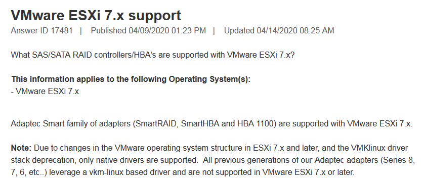 ESXi 7 pas compatible avec Adaptec 6805